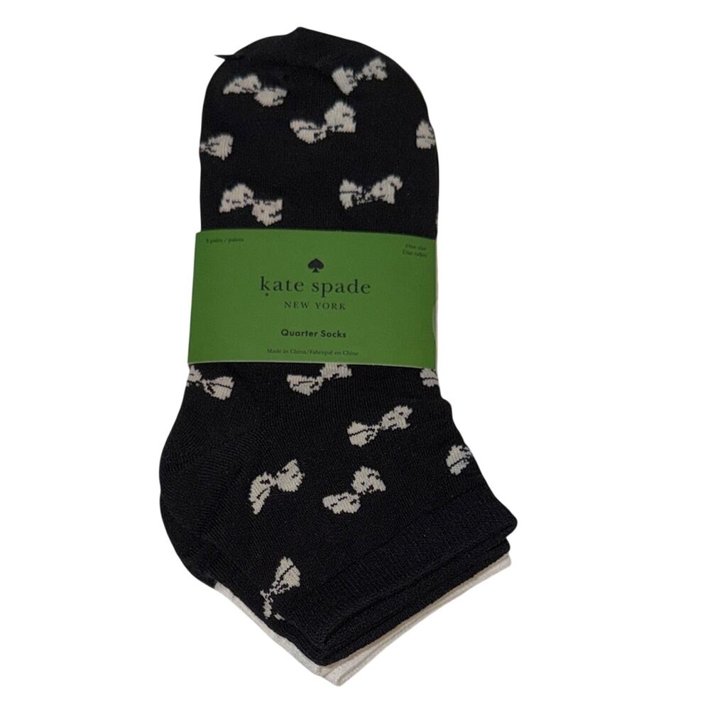 Kate Spade 3 pairs of quarter socks Bow print multi-pack Black White Gray NWT